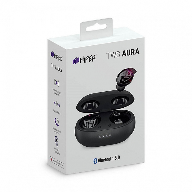 Наушники беспроводные с зарядным боксом HIPER TWS AURA, цвет черный  с логотипом  заказать по выгодной цене в кибермаркете AvroraStore