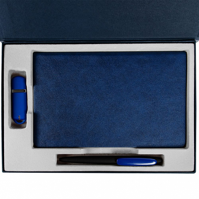 Коробка Silk с ложементом под ежедневник, флешку и ручку, синяя с логотипом  заказать по выгодной цене в кибермаркете AvroraStore